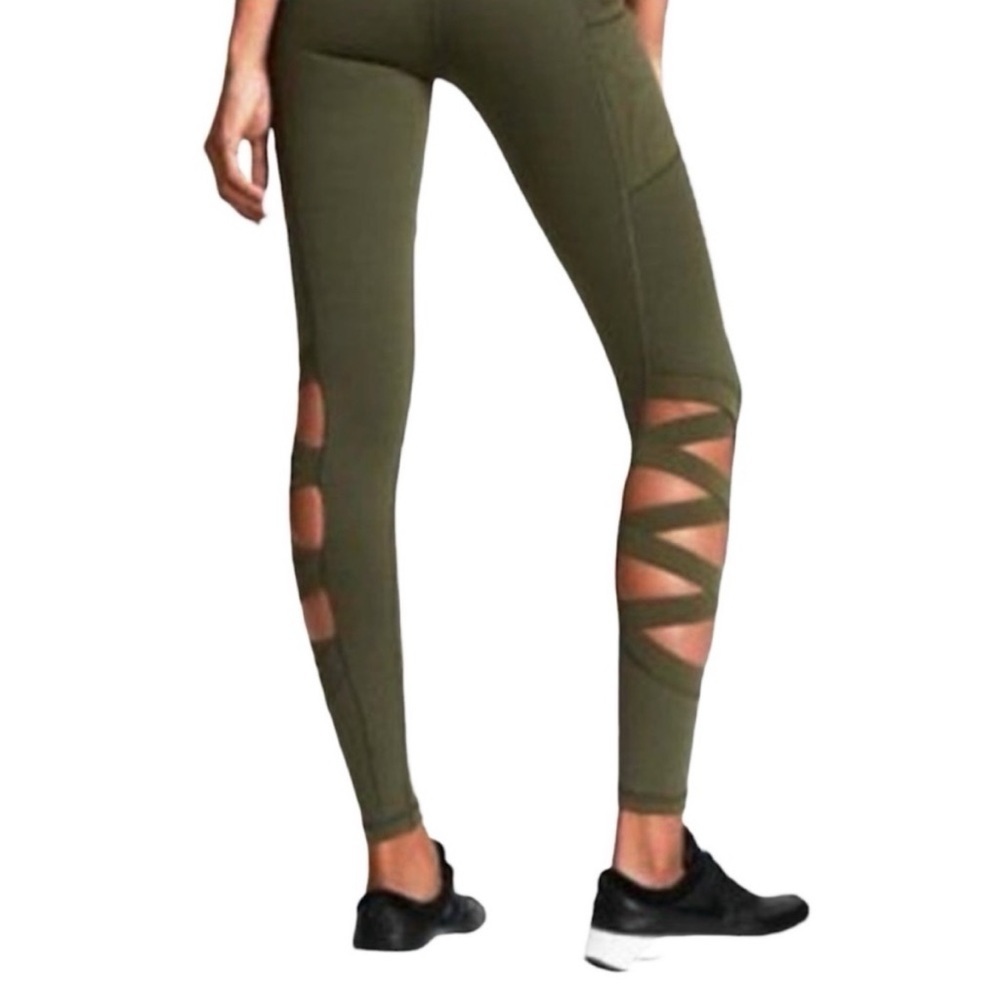 Victoria’s Secret VSX Knockout Leggings Cut Out Mid Rise Pockets Solid Green XS